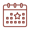 A simple red outline of a calendar with a star symbol in the center, indicating a special event or important date.