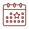 A simple red outline of a calendar with a star symbol in the center, indicating a special event or important date.