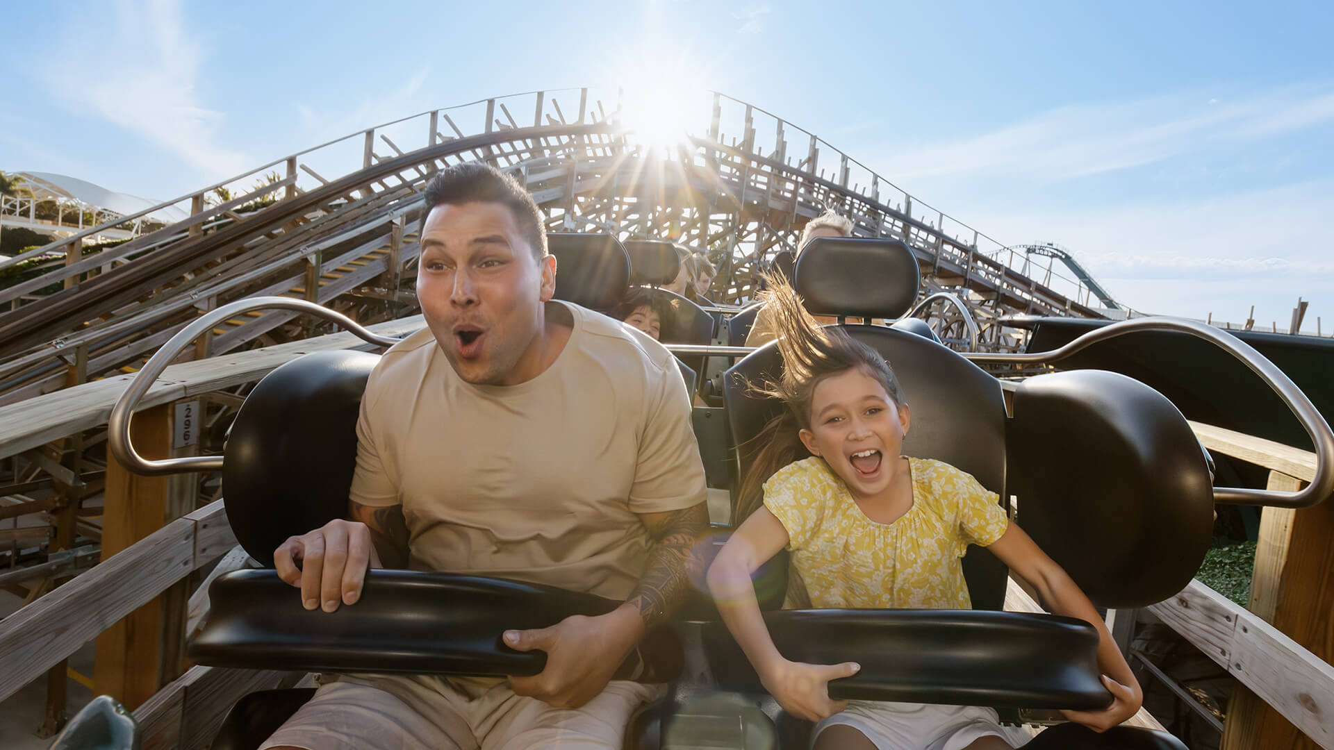 Experience the adrenaline rush of Leviathan at Sea World, as riders soar through twists and turns on this thrilling coaster. The towering structure and dynamic design promise an unforgettable ride for thrill-seekers.