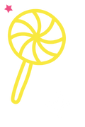 A simple, hand-drawn yellow lollipop with a swirl design and stick, accompanied by a small pink star at the top left and a white sparkle at the bottom right on a black background.