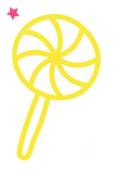A simple, hand-drawn yellow lollipop with a swirl design and stick, accompanied by a small pink star at the top left and a white sparkle at the bottom right on a black background.