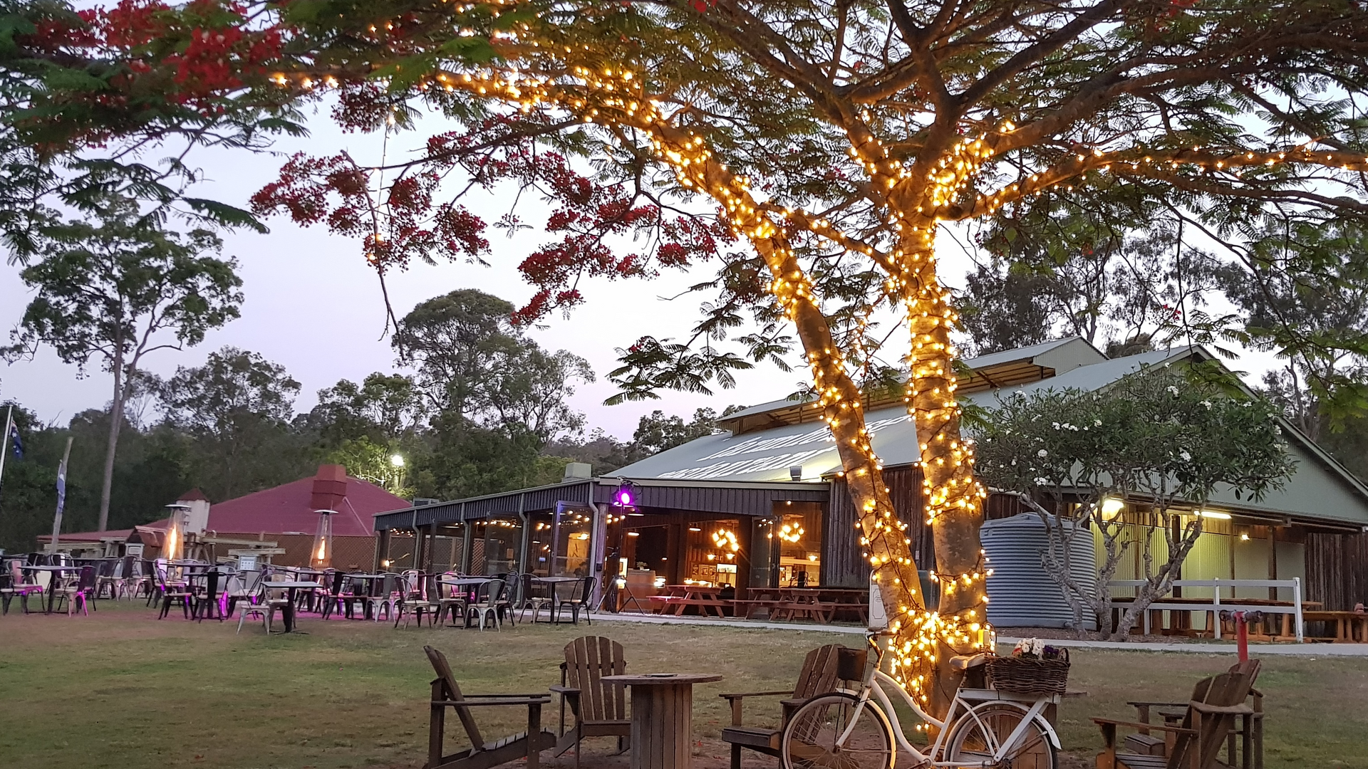 A tree wrapped in string lights stands in front of an outdoor café with scattered tables, chairs, and a rustic building in the background at dusk.
