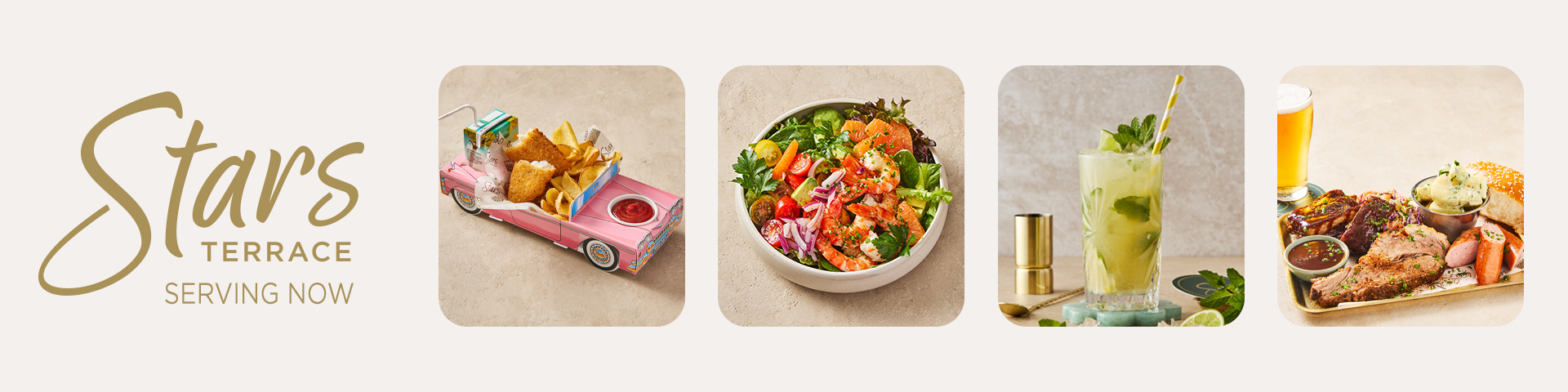 Stars Terrace logo with four food images: fish and chips in a toy truck, a colorful salad, a mojito cocktail, and a plate with beer, grilled meats, coleslaw, and pretzel. Text reads “Stars Terrace Serving Now.”.