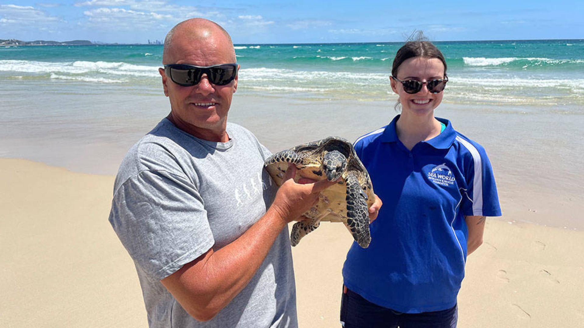 Two people stand on a sandy beach; one holds a sea turtle while the other stands beside them, both smiling. The ocean and blue sky are in the background.