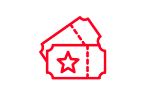A red line-art icon of two stacked tickets, each featuring a star in the center.