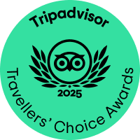 Tripadvisor Travellers’ Choice Awards 2025 badge featuring an owl logo in the center with laurel leaves on a green circular background.