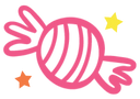 Pink line drawing of a wrapped candy with twisted ends and curved stripes on the wrapper.