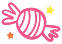 Pink line drawing of a wrapped candy with twisted ends and curved stripes on the wrapper.