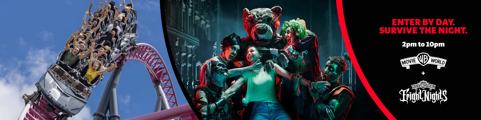 People on a rollercoaster next to costumed horror characters, with text reading “Enter by day. Survive the night. 2pm to 10pm,” and the Movie World Fright Nights logos.