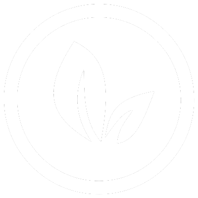 White icon of two leaves inside a circle on a black background.
