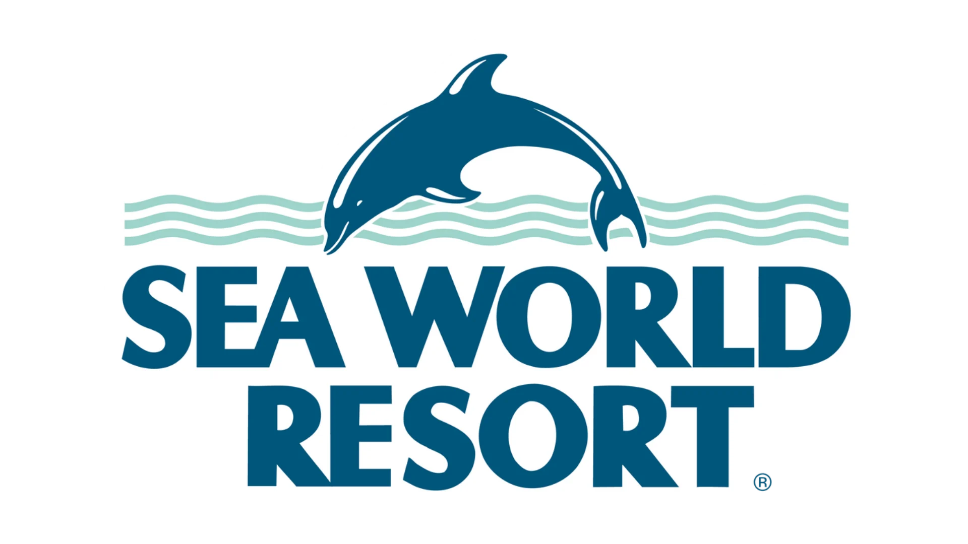 Sea World Resort logo featuring a leaping dolphin above wavy blue-green lines with bold blue text reading "SEA WORLD RESORT" underneath.