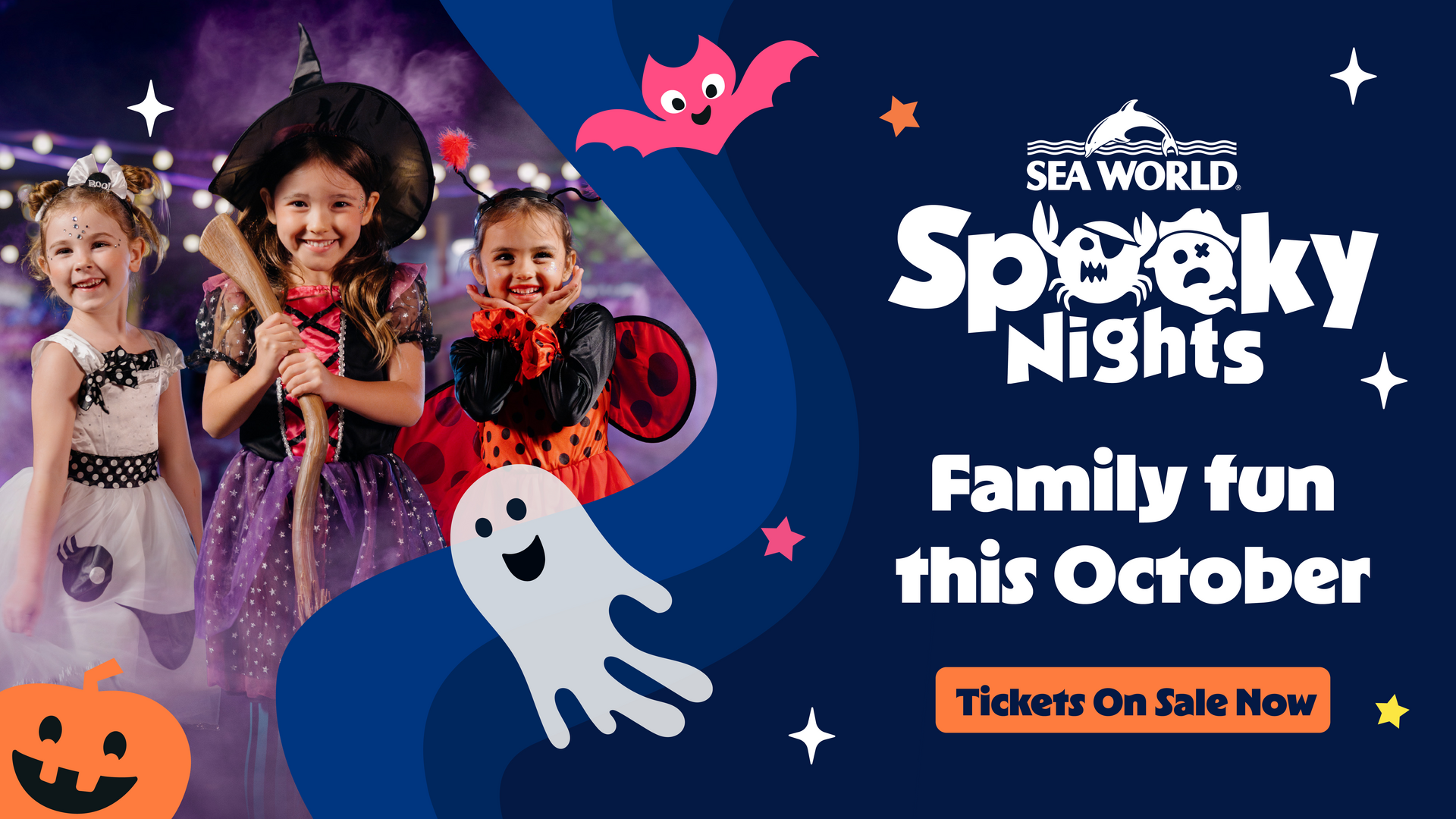 Three children in Halloween costumes smile in front of festive decorations. Text reads: “SeaWorld Spooky Nights: Family fun this October. Tickets On Sale Now.” Halloween icons like a ghost, bat, and pumpkin decorate the image.