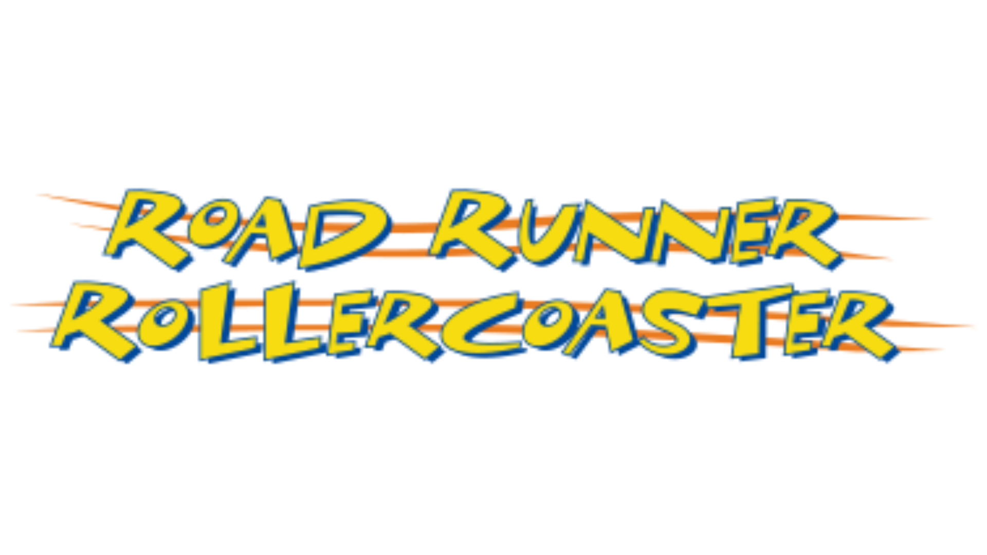Text logo reading "Road Runner Rollercoaster" in bold, cartoon-style yellow letters with blue outlines and orange streaks behind the text, evoking a sense of speed and motion.