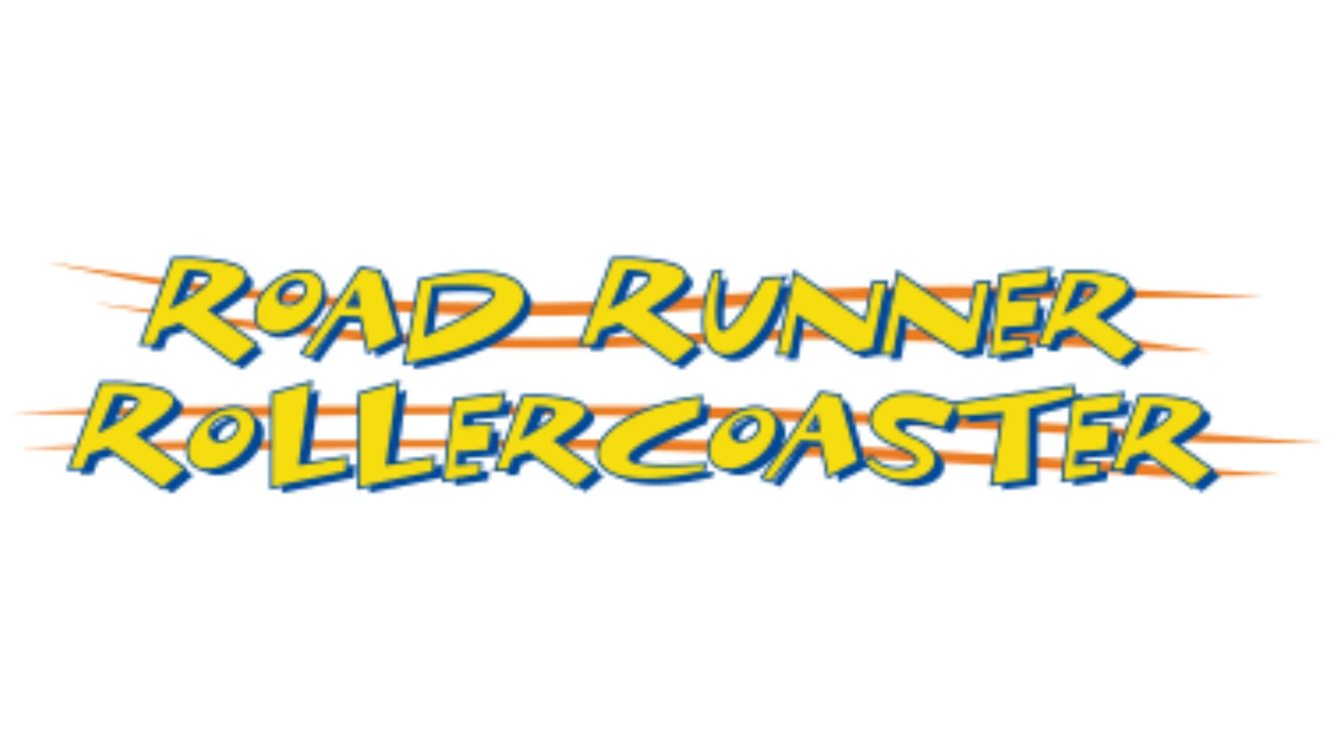 Text logo reading "Road Runner Rollercoaster" in bold, cartoon-style yellow letters with blue outlines and orange streaks behind the text, evoking a sense of speed and motion.