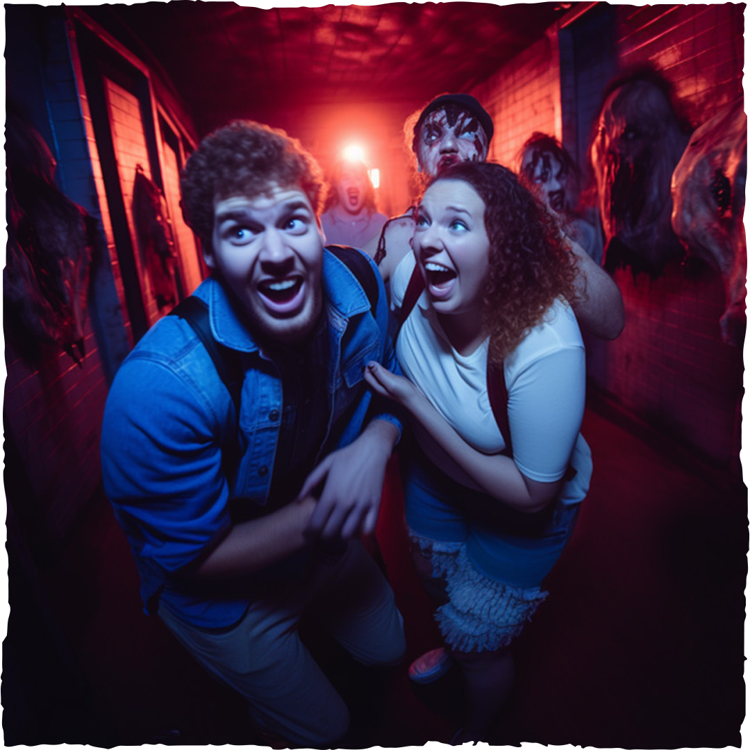 Two people with excited, scared expressions walk through a dim, red-lit haunted house hallway, surrounded by creepy figures and masks on the walls.