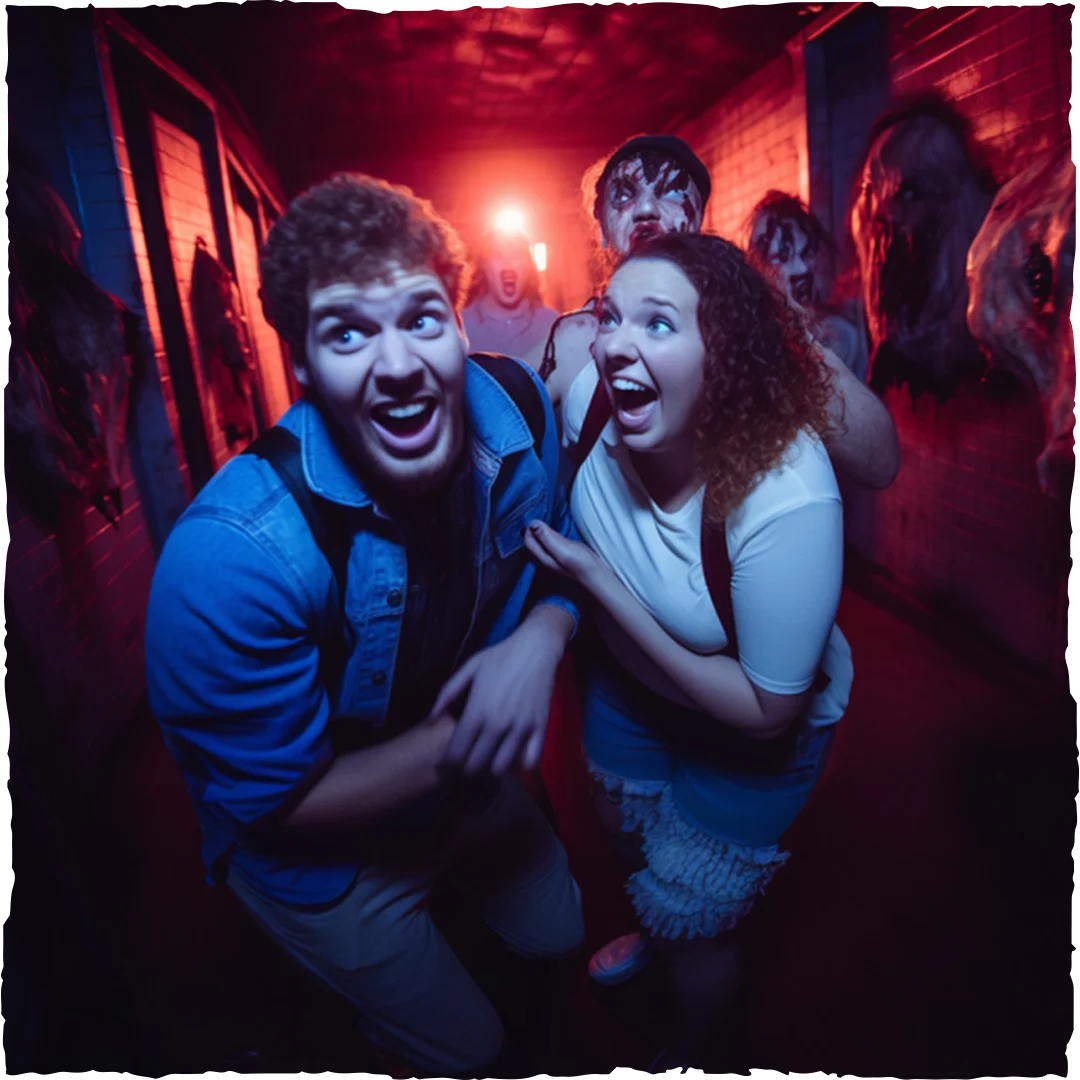 Two people with excited, scared expressions walk through a dim, red-lit haunted house hallway, surrounded by creepy figures and masks on the walls.