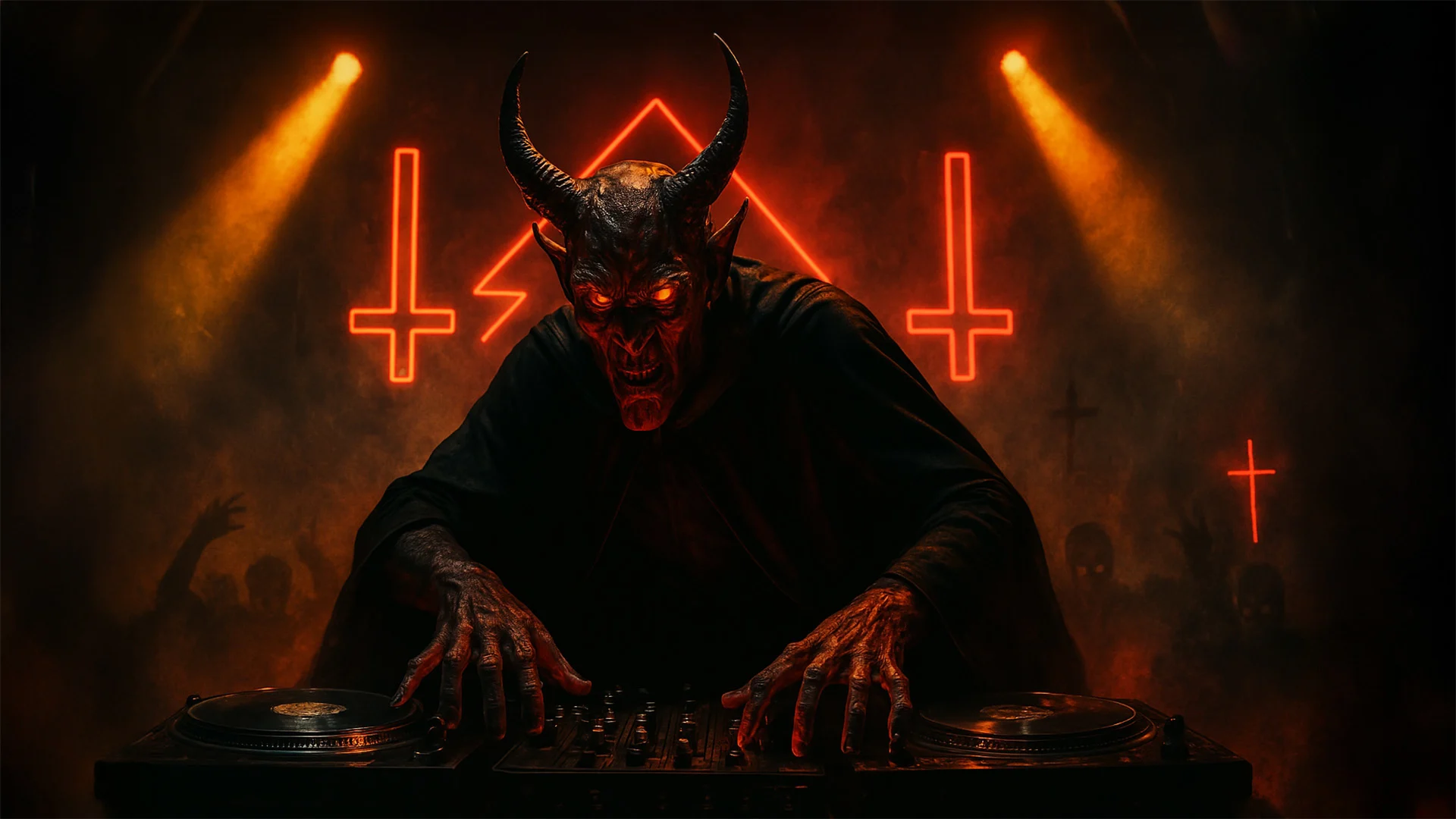 A demonic figure with horns and glowing eyes stands at a DJ booth, surrounded by red neon inverted crosses and dramatic lighting, with shadowy figures in the background.