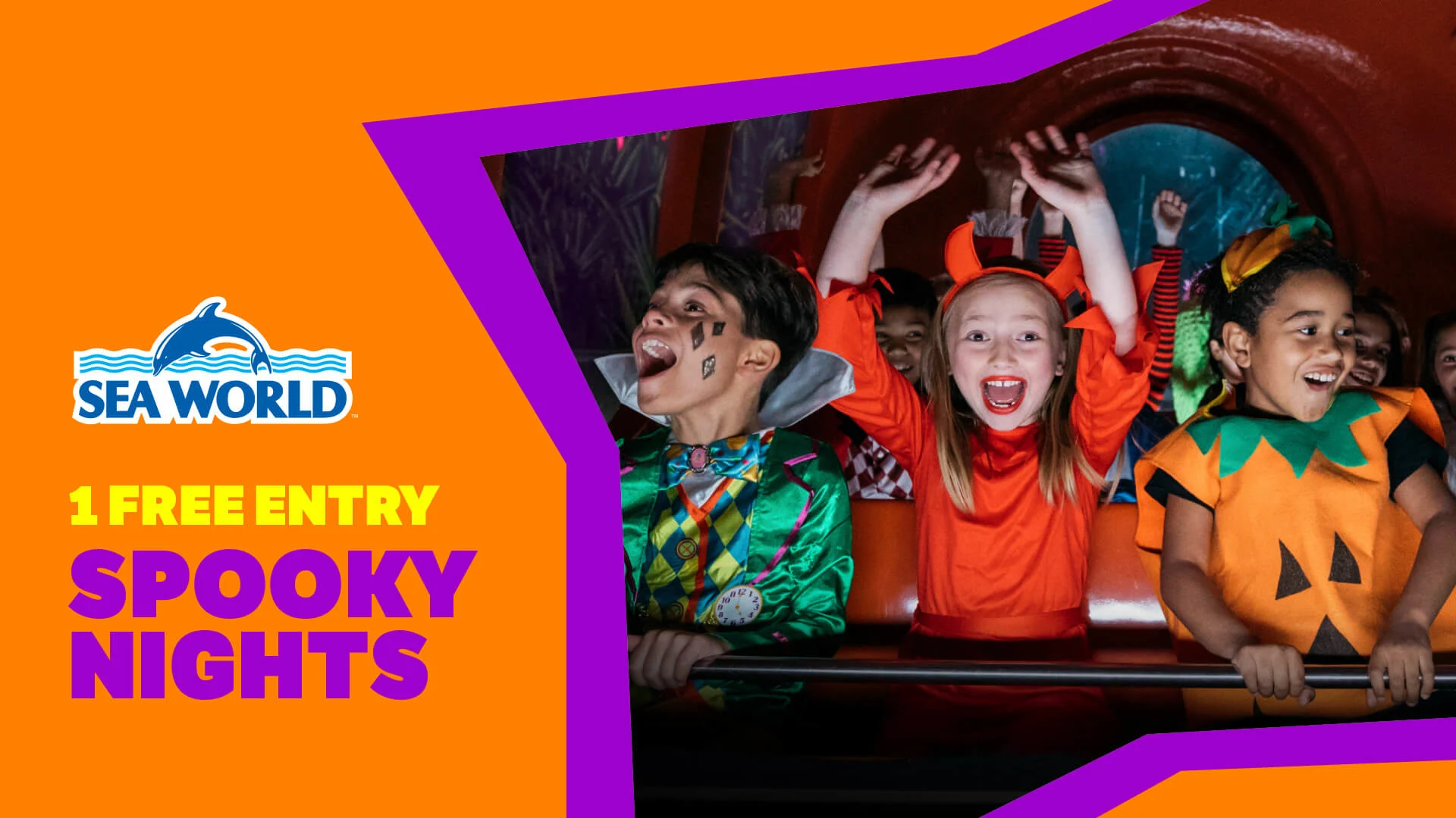 A graphic showing 1 free entry to Spooky Nights at Sea World with an image of kids having fun