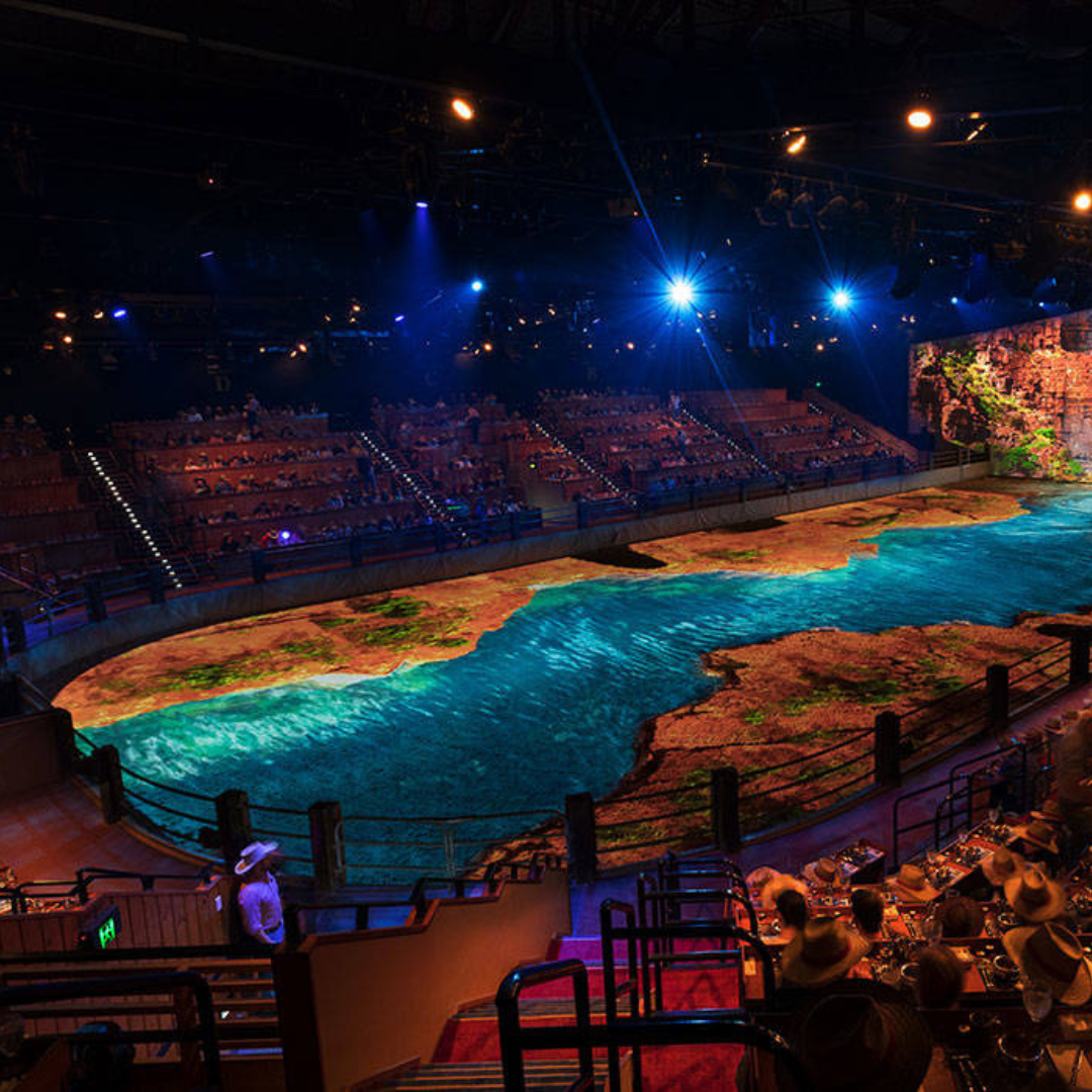 A large indoor arena with a stage designed to look like a river and land, colorful lighting effects, and audience seating surrounding the stage on three sides. Spectators are waiting for a show to begin.