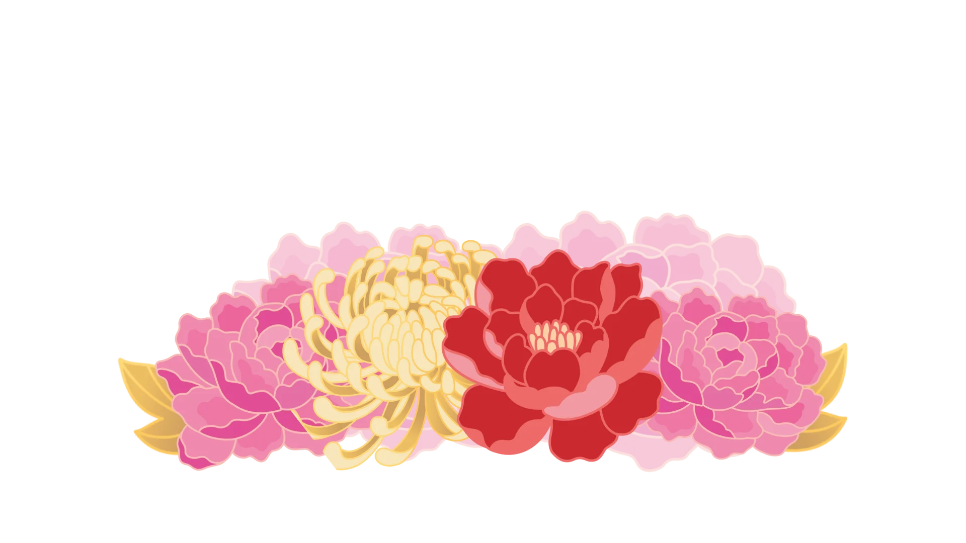Illustration of a floral arrangement featuring pink and red flowers with gold accents.