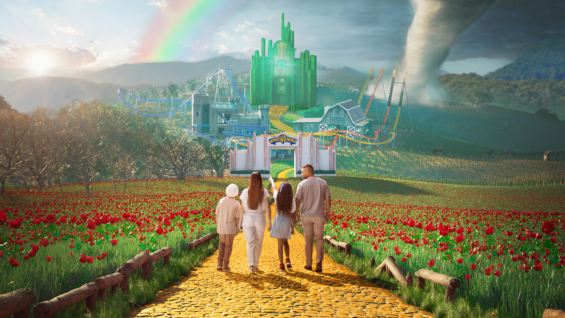 A family walking on the iconic yellow brick road to the Wizard of Oz precinct at Warner Bros. Movie World, immersed in a magical and fantastical atmosphere