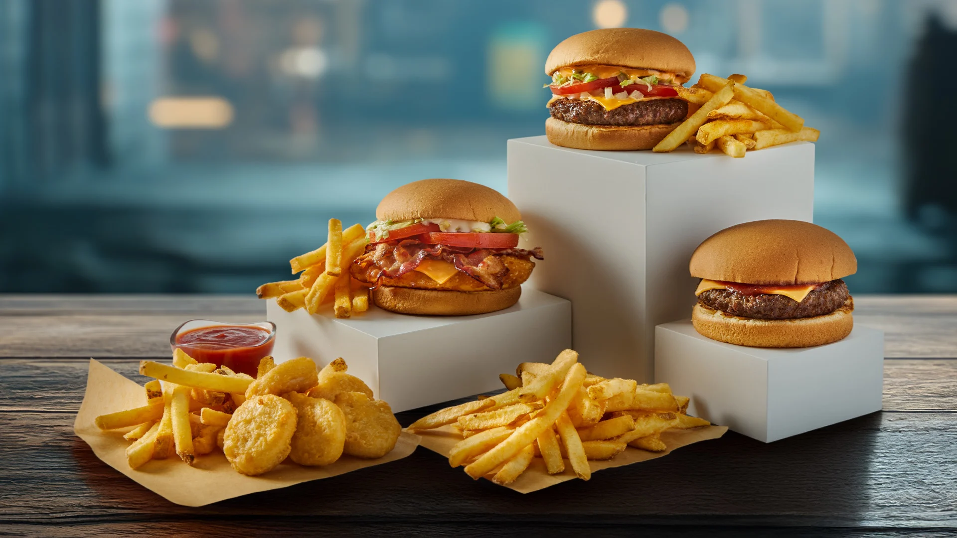 Three burgers with cheese, lettuce, tomato, and bacon, served with fries on white stands. In front are more fries, a container of ketchup, and chicken nuggets on brown paper, all on a wooden table.
