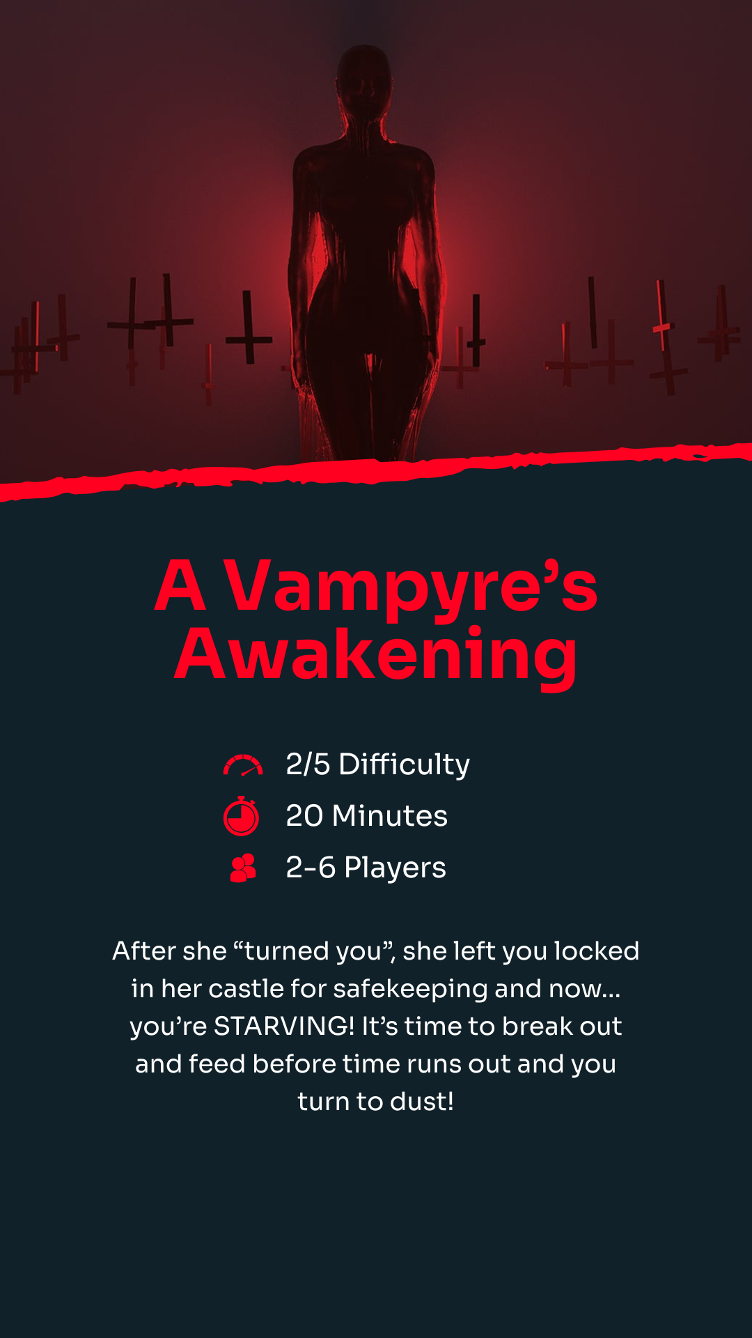 A silhouetted figure stands in front of glowing red light, with upside-down crosses in the background. Text below reads: "A Vampyre's Awakening," and details difficulty, playtime, player count, and a brief game description.