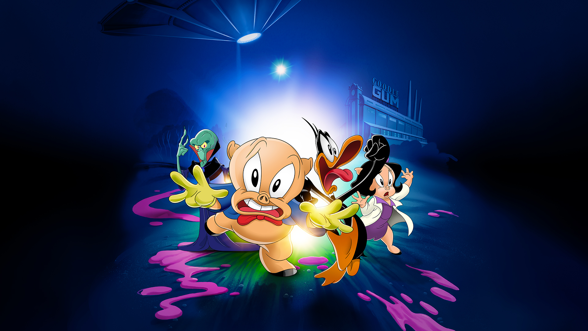 Three animated cartoon characters, including a scared pig, a startled duck, and a mouse, stand in a spotlight with green and pink goo around them, as a UFO hovers above in a dark, mysterious setting.