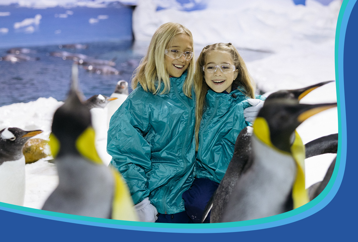 Two girls wearing teal jackets and safety glasses pose with penguins in a snowy indoor exhibit with a water background.