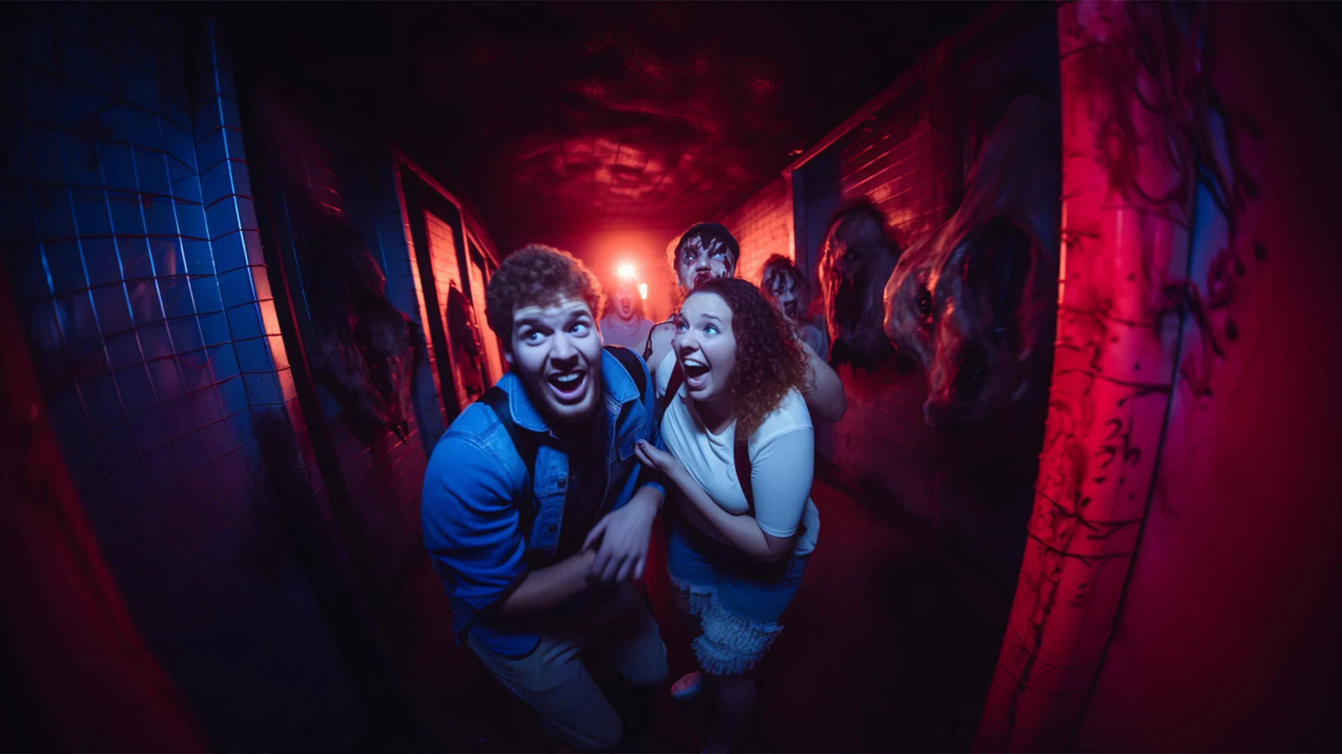 Two people with frightened expressions cling to each other while walking through a dimly lit, spooky hallway with eerie red and blue lighting and shadowy figures in the background.
