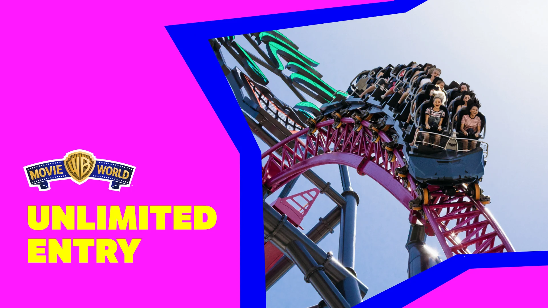 A graphic showing unlimited entry to Warner Bros. Movie World with an image of the DC Rivals HyperCoaster