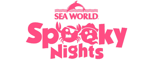 SeaWorld Spooky Nights logo featuring stylized text with a crab and ghost integrated into the word "Spooky" and a dolphin above the SeaWorld name.