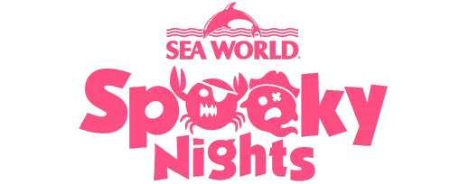SeaWorld Spooky Nights logo featuring stylized text with a crab and ghost integrated into the word "Spooky" and a dolphin above the SeaWorld name.