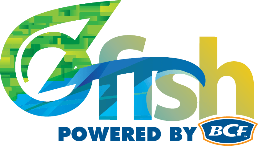 Logo featuring the word "fish" in blue, green, and yellow with a stylized fish shape forming the "f." Below, the text reads "POWERED BY BCF" with a blue and yellow BCF logo on the right.