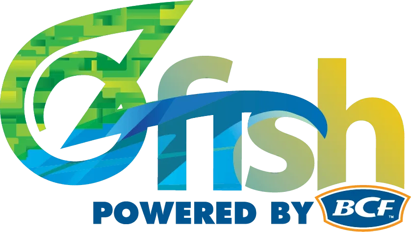 Logo featuring the word "fish" in blue, green, and yellow with a stylized fish shape forming the "f." Below, the text reads "POWERED BY BCF" with a blue and yellow BCF logo on the right.
