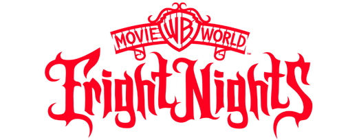 Red stylized text reads “Movie World Fright Nights” with an ornate “WB” shield above, all on a black background.