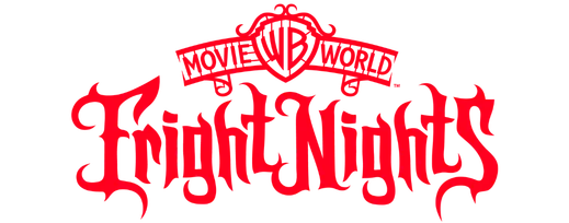 Red stylized text reads “Movie World Fright Nights” with an ornate “WB” shield above, all on a black background.