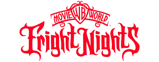 Red stylized text reads “Movie World Fright Nights” with an ornate “WB” shield above, all on a black background.