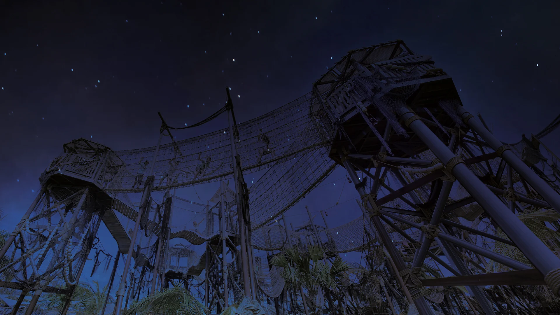 A dark, nighttime view of a tall ropes course structure with towers, nets, and climbing obstacles, silhouetted against a starry sky.