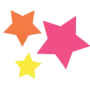 Three cartoon stars in different colors and sizes: a large pink star, a medium orange star, and a small yellow star, all overlapping slightly on a transparent background.