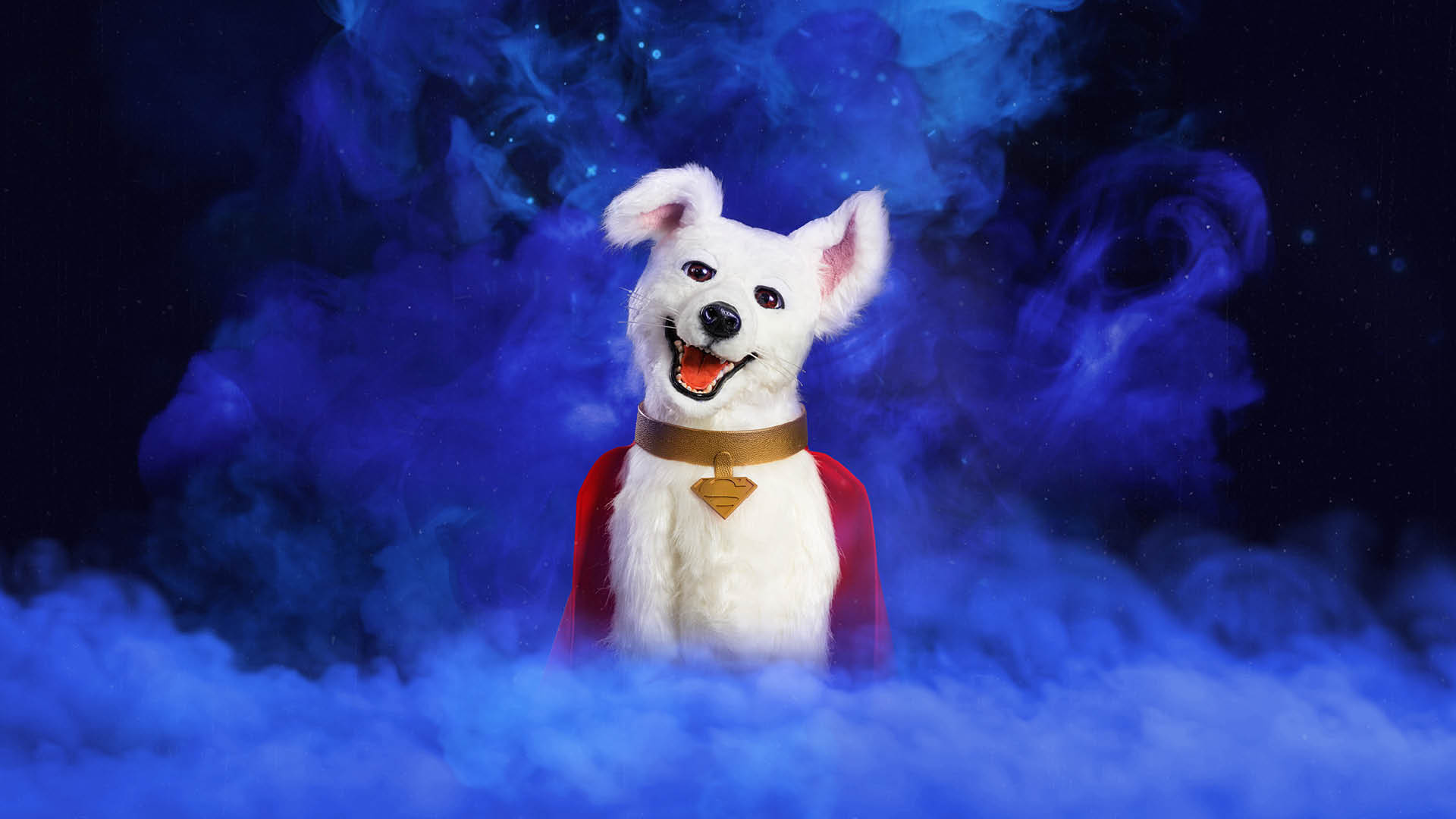 A white dog with perked ears, wearing a red cape and gold collar with a tag, stands against a smoky blue and black cosmic background.
