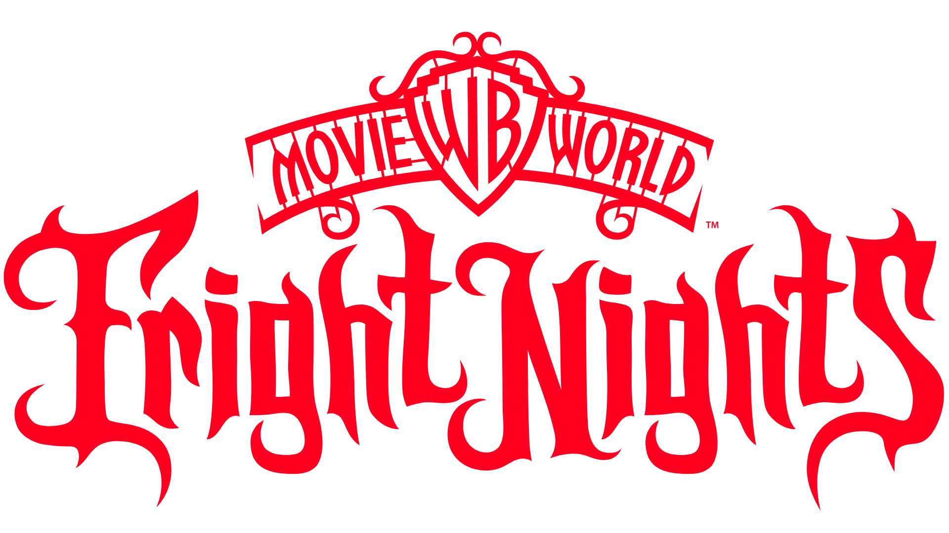 Movie World Fright Nights logo in bold, stylized red text with a gothic, spooky font and ornate details on a transparent background.