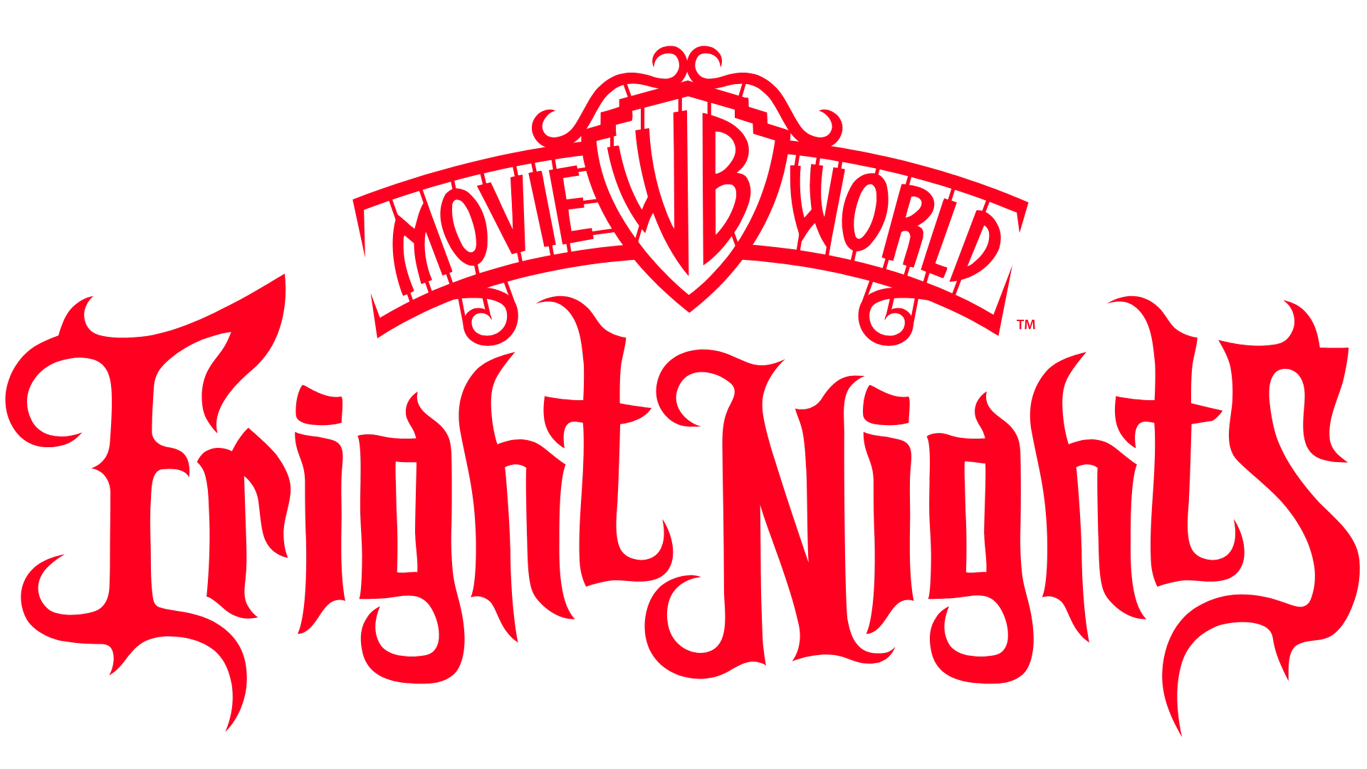 Movie World Fright Nights logo in bold, stylized red text with a gothic, spooky font and ornate details on a transparent background.