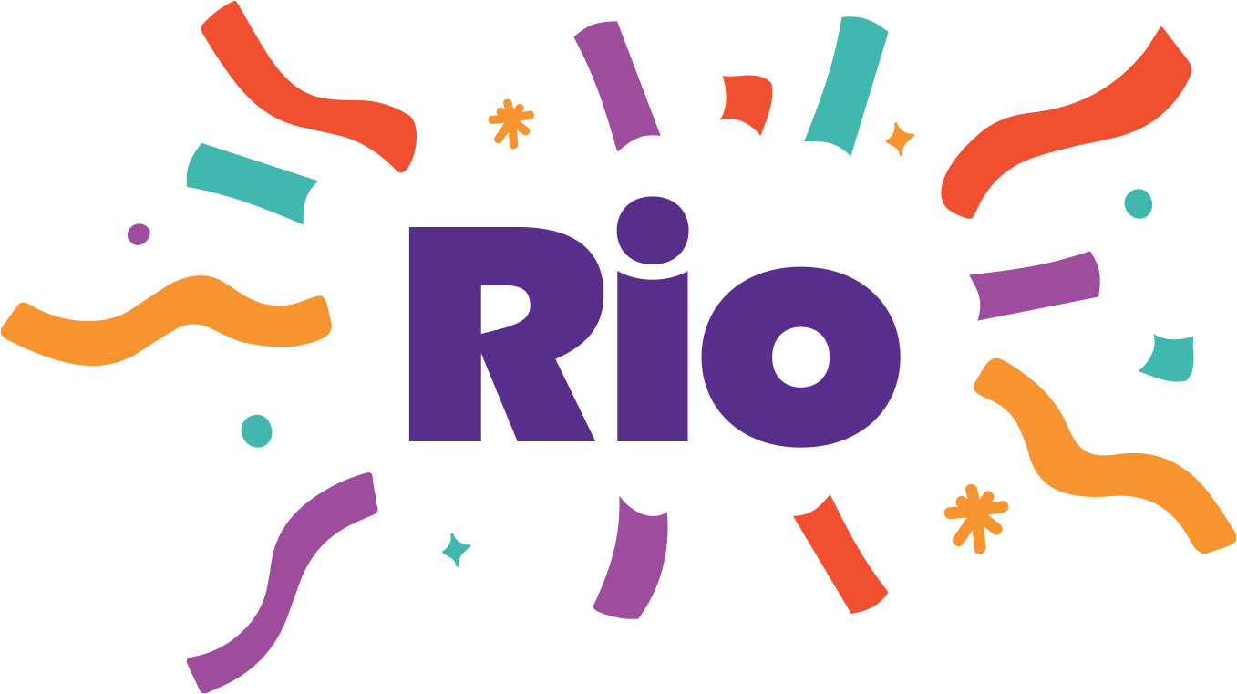 The word "Rio" in bold purple letters is surrounded by colorful confetti-like lines and shapes in orange, teal, and purple, creating a festive and lively atmosphere.