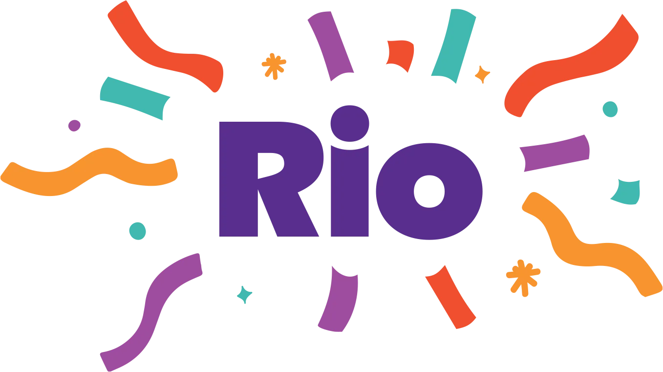 The word "Rio" in bold purple letters is surrounded by colorful confetti-like lines and shapes in orange, teal, and purple, creating a festive and lively atmosphere.