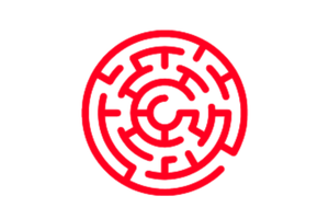 A circular red maze icon.