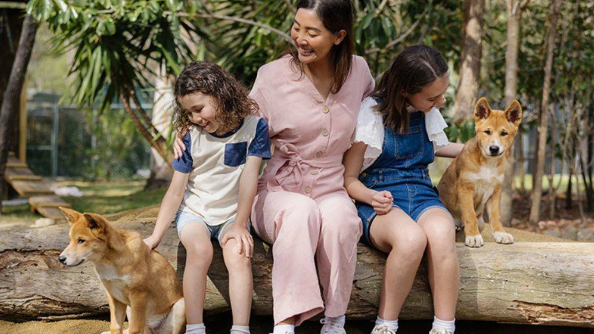 A woman and two children sit on a log outdoors, smiling and petting two dingo puppies, with trees and a fence in the background.
