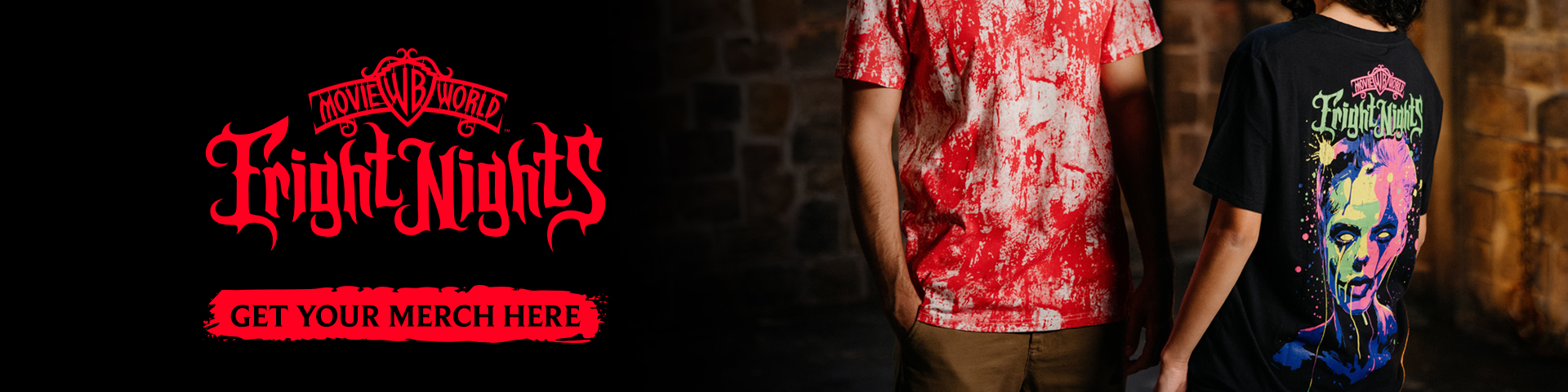 Two people stand against a stone wall wearing Fright Nights-themed shirts; one has a red and white splatter pattern, the other features a graphic of a spooky face. Text reads "Fright Nights" and "Get your merch here".