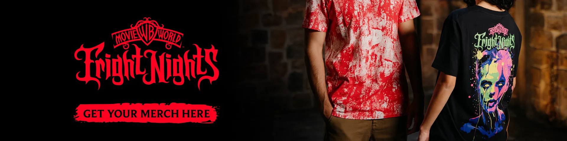 Two people stand against a stone wall wearing Fright Nights-themed shirts; one has a red and white splatter pattern, the other features a graphic of a spooky face. Text reads "Fright Nights" and "Get your merch here".