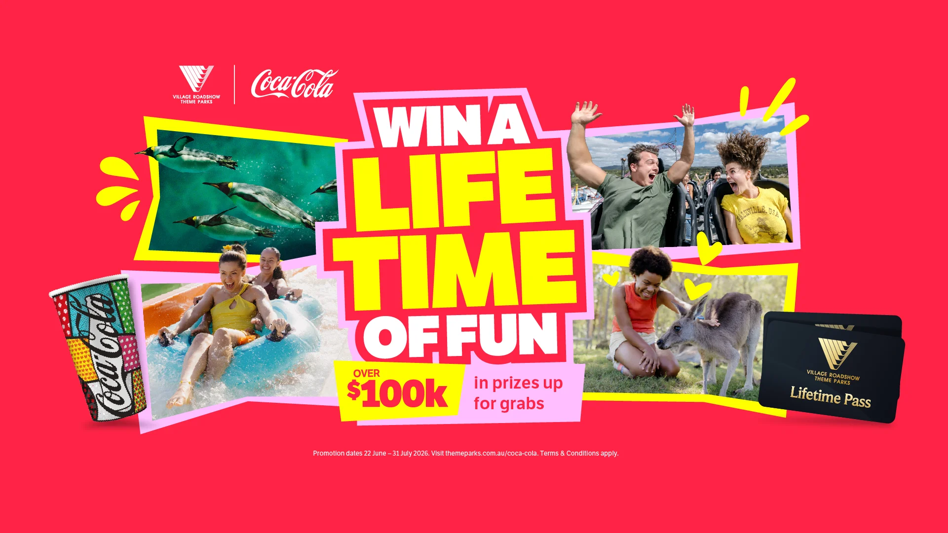 Promotional image with bold text: "Win a Lifetime of Fun." Includes photos of dolphins, people on a water slide, a family on a roller coaster, a girl with a kangaroo, Coca-Cola can, and a Lifetime Pass. Over $100k in prizes up for grabs.